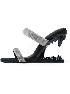 Women's Strappy Heel Round Open Toe Black Heel Metallic Shark Tiger Teeth Sandal